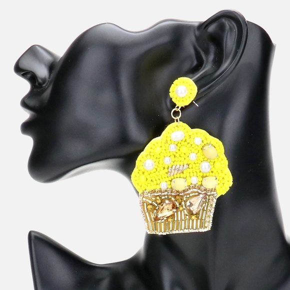 Neon Yellow Beaded Cupcake Dangle Earrings Cute - Picture 1 of 2